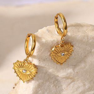 Evil Eye Heart Pendant Huggie Hoops